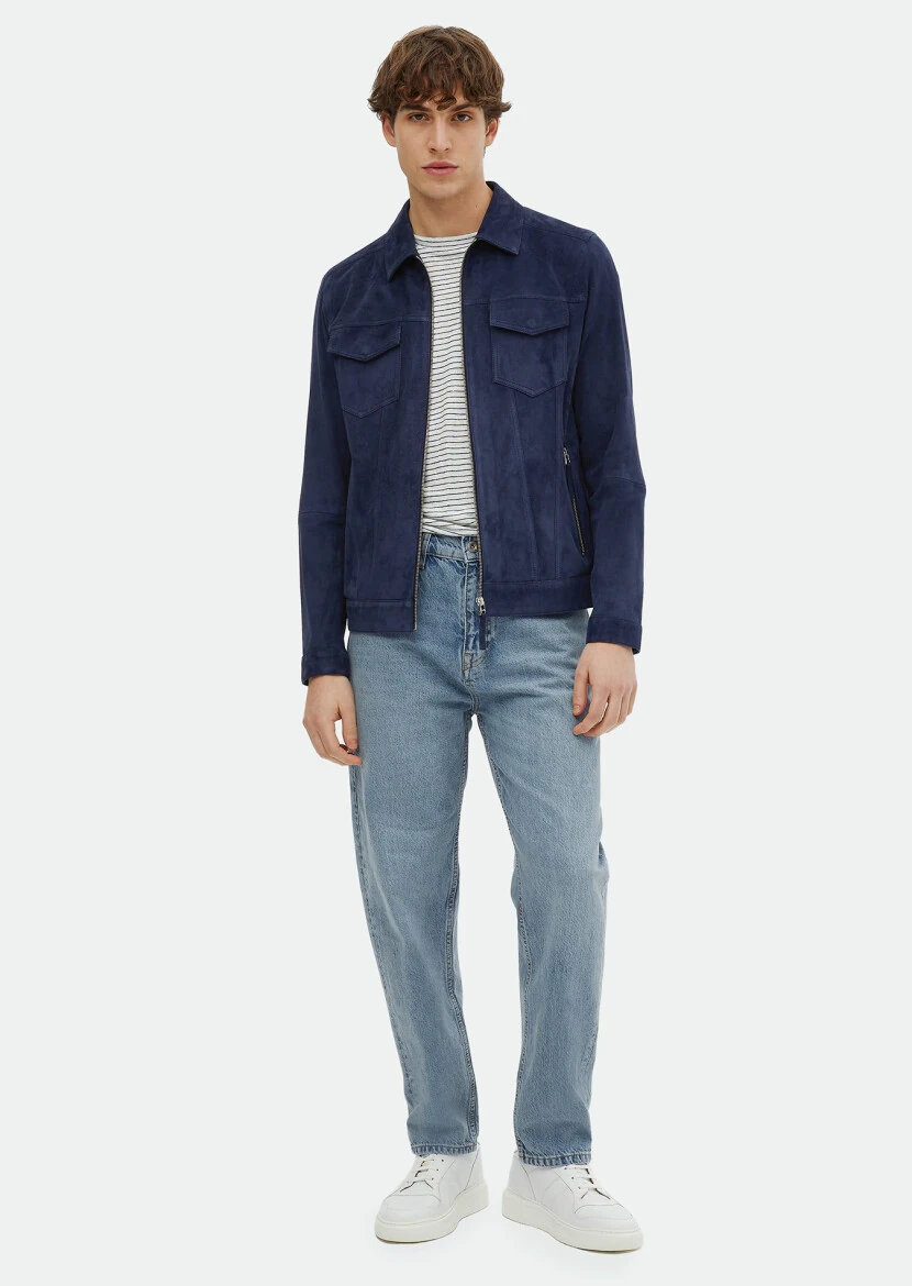 Lacivert Regular Fit Dik Yaka Casual Süet Deri Mont 