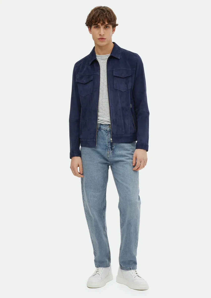 Lacivert Regular Fit Dik Yaka Casual Süet Deri Mont - 2