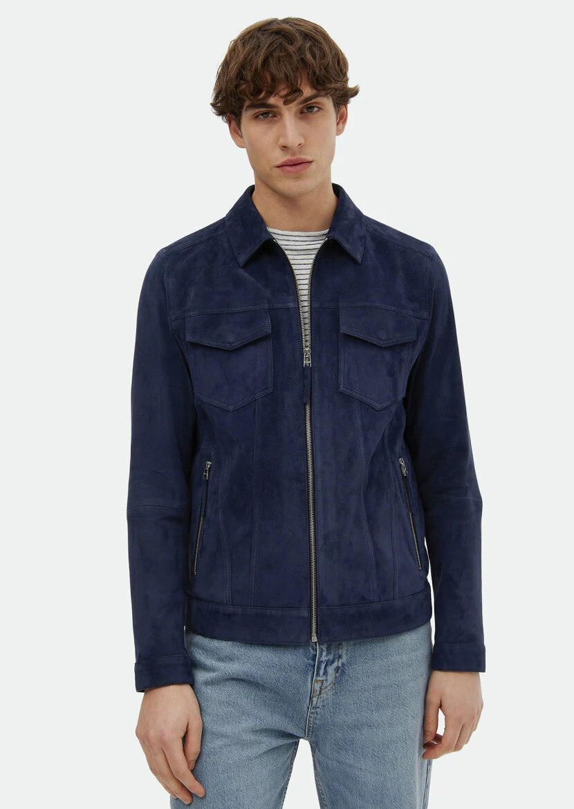 Lacivert Regular Fit Dik Yaka Casual Süet Deri Mont - 3