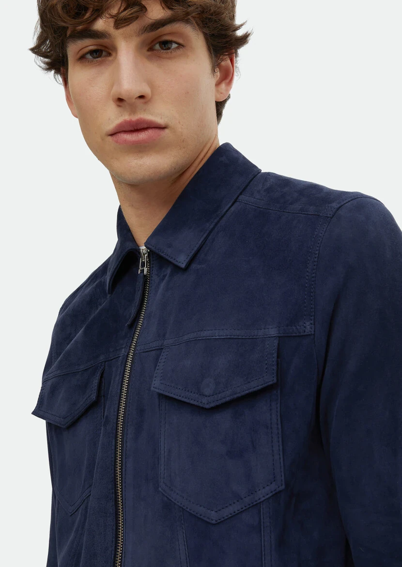 Lacivert Regular Fit Dik Yaka Casual Süet Deri Mont - 4