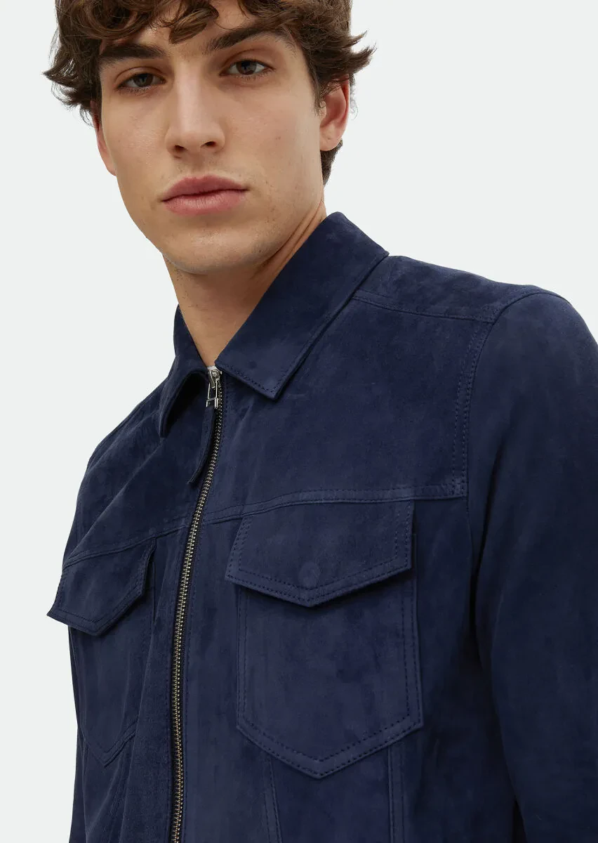 Lacivert Regular Fit Dik Yaka Casual Süet Deri Mont - 4