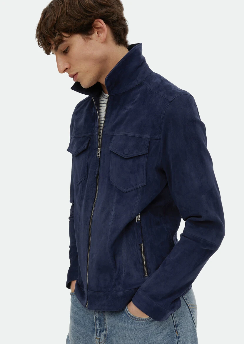 Lacivert Regular Fit Dik Yaka Casual Süet Deri Mont - 5