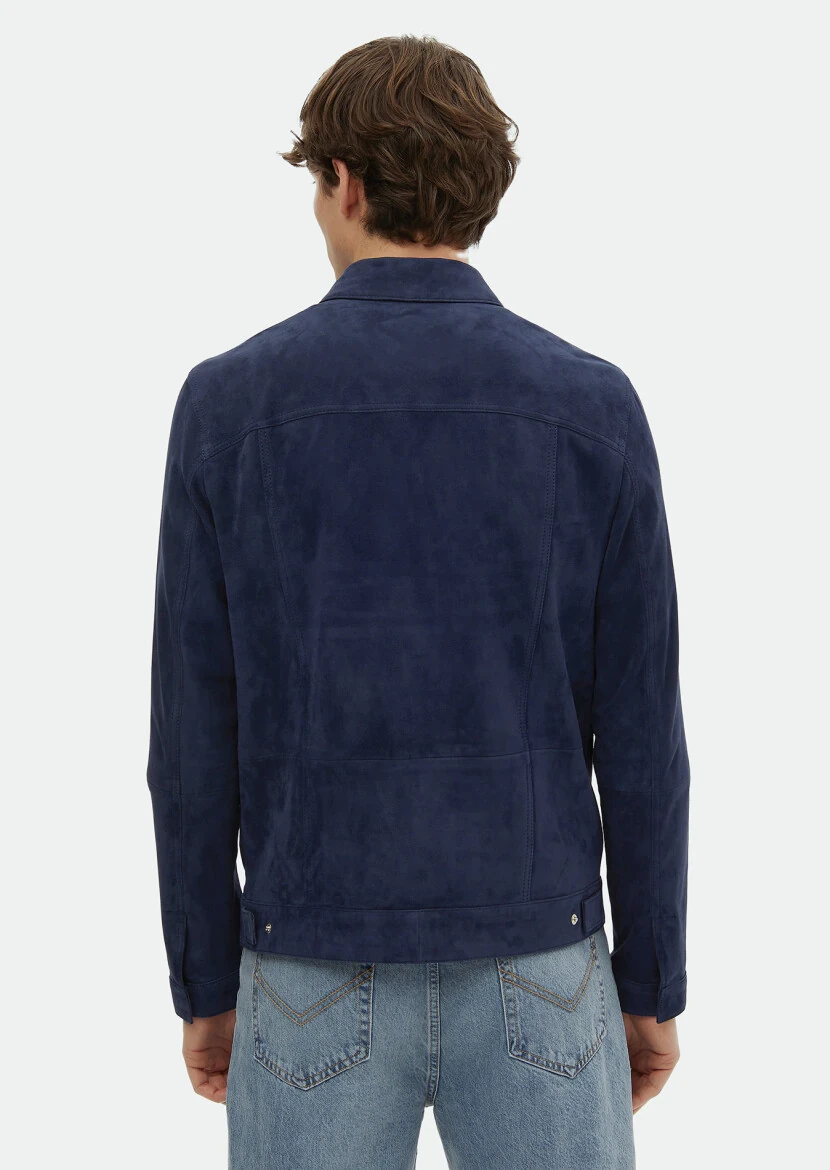 Lacivert Regular Fit Dik Yaka Casual Süet Deri Mont - 6