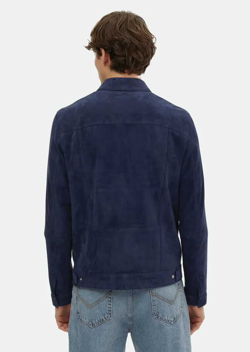 Lacivert Regular Fit Dik Yaka Casual Süet Deri Mont - 6