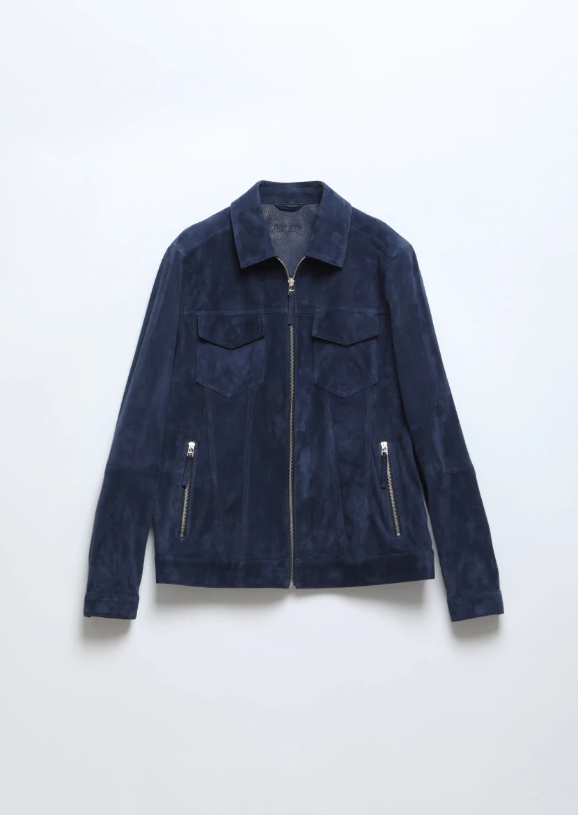 Lacivert Regular Fit Dik Yaka Casual Süet Deri Mont - 7