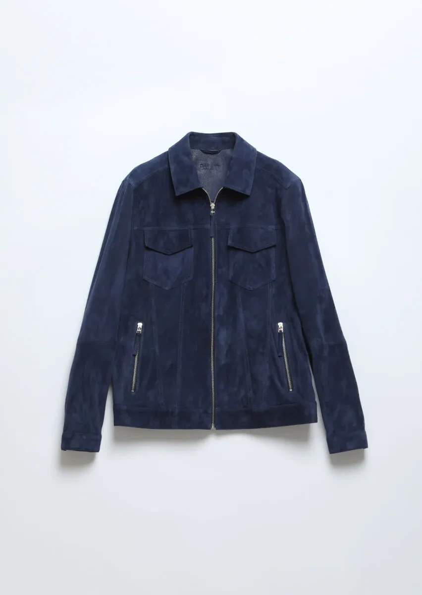 Lacivert Regular Fit Dik Yaka Casual Süet Deri Mont - 7