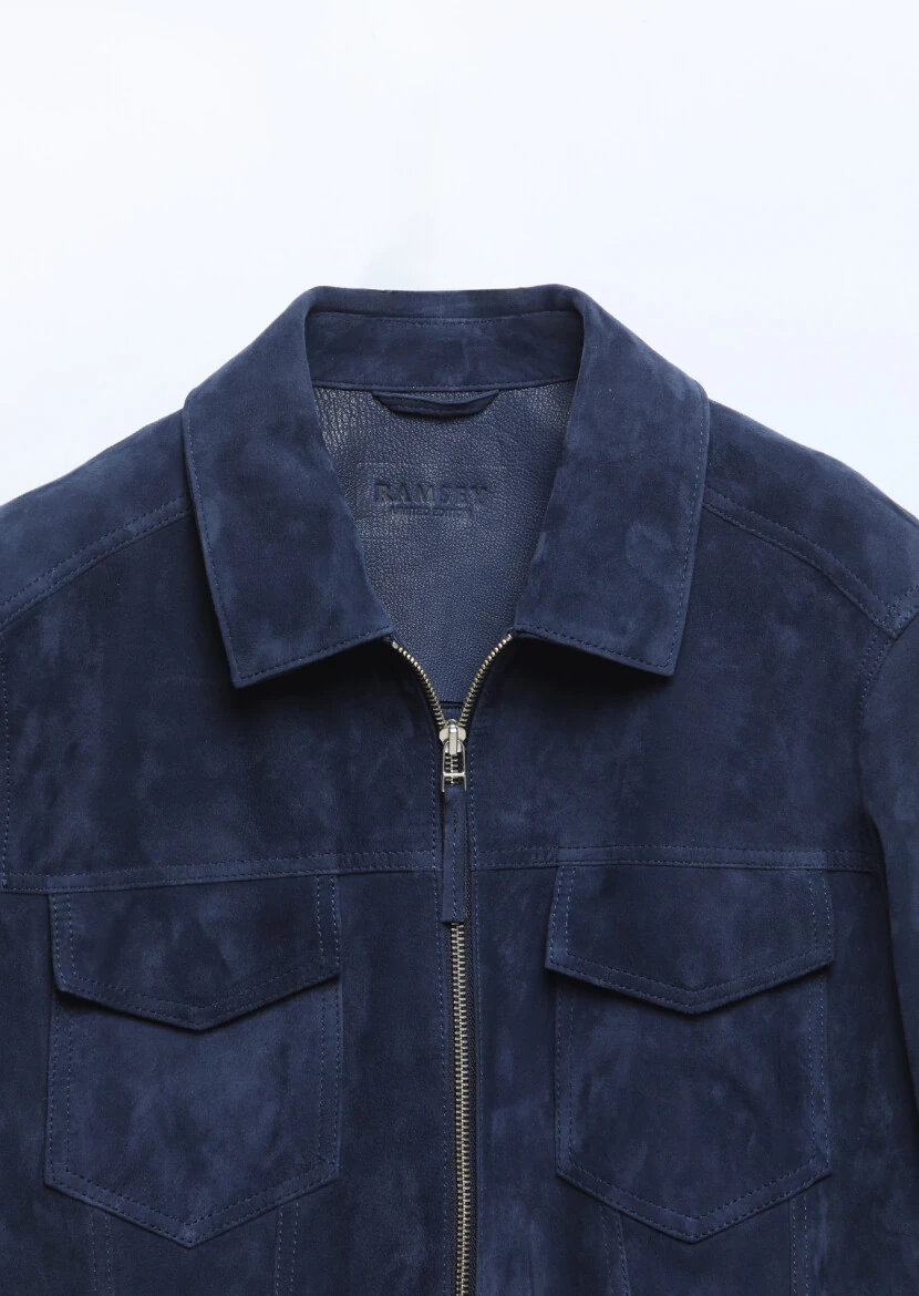 Lacivert Regular Fit Dik Yaka Casual Süet Deri Mont - 8