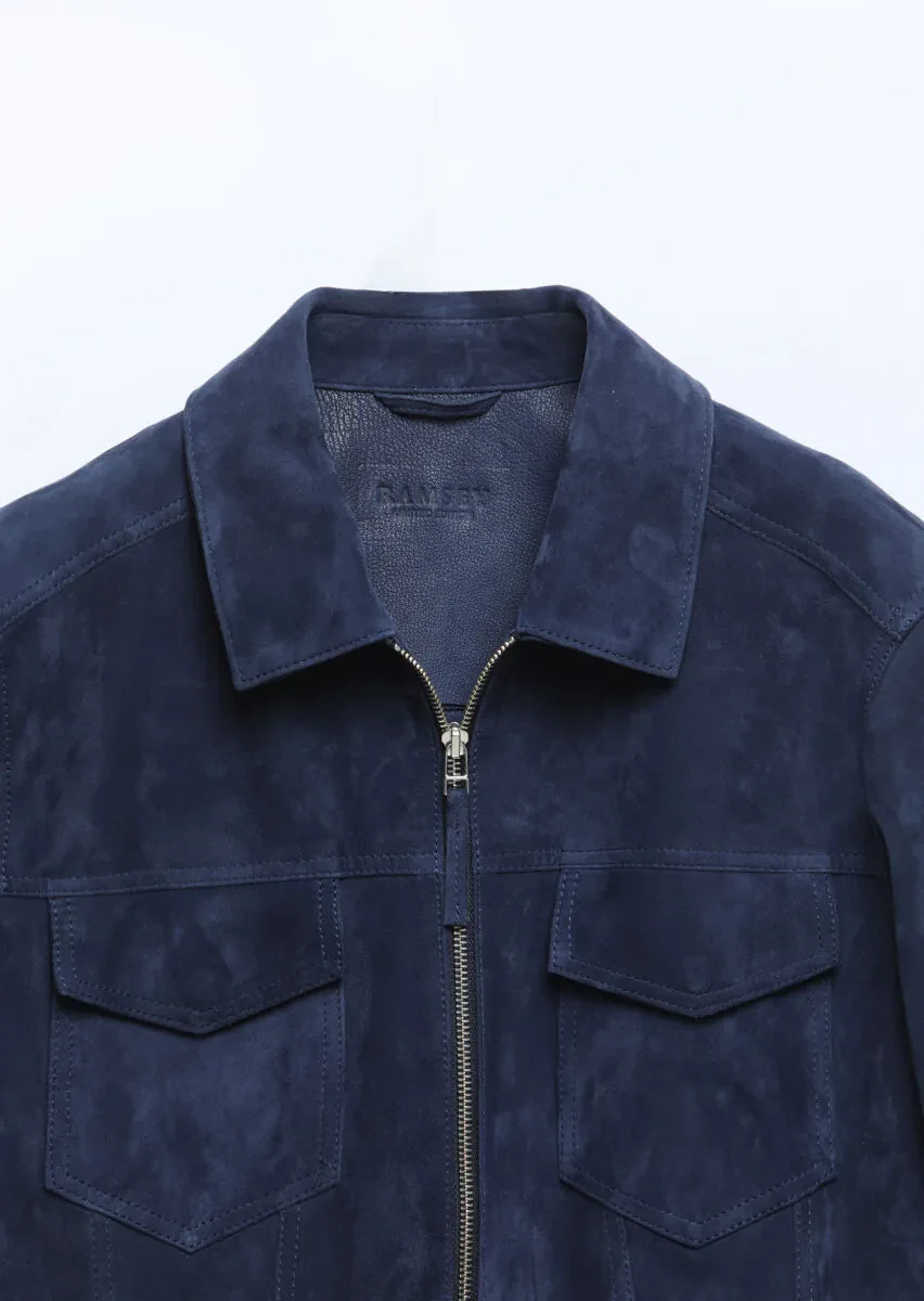 Lacivert Regular Fit Dik Yaka Casual Süet Deri Mont - 8