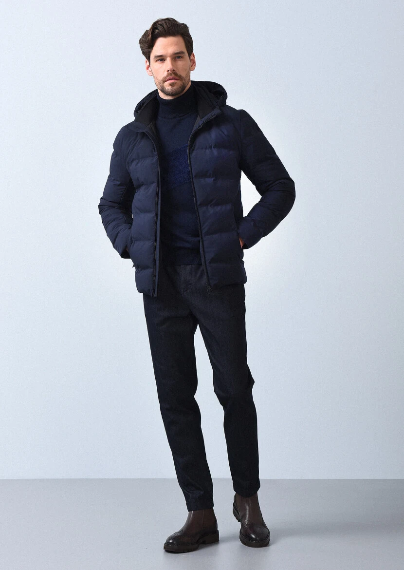 Lacivert Regular Fit Dik Yaka Denim Dokuma Mont - 3