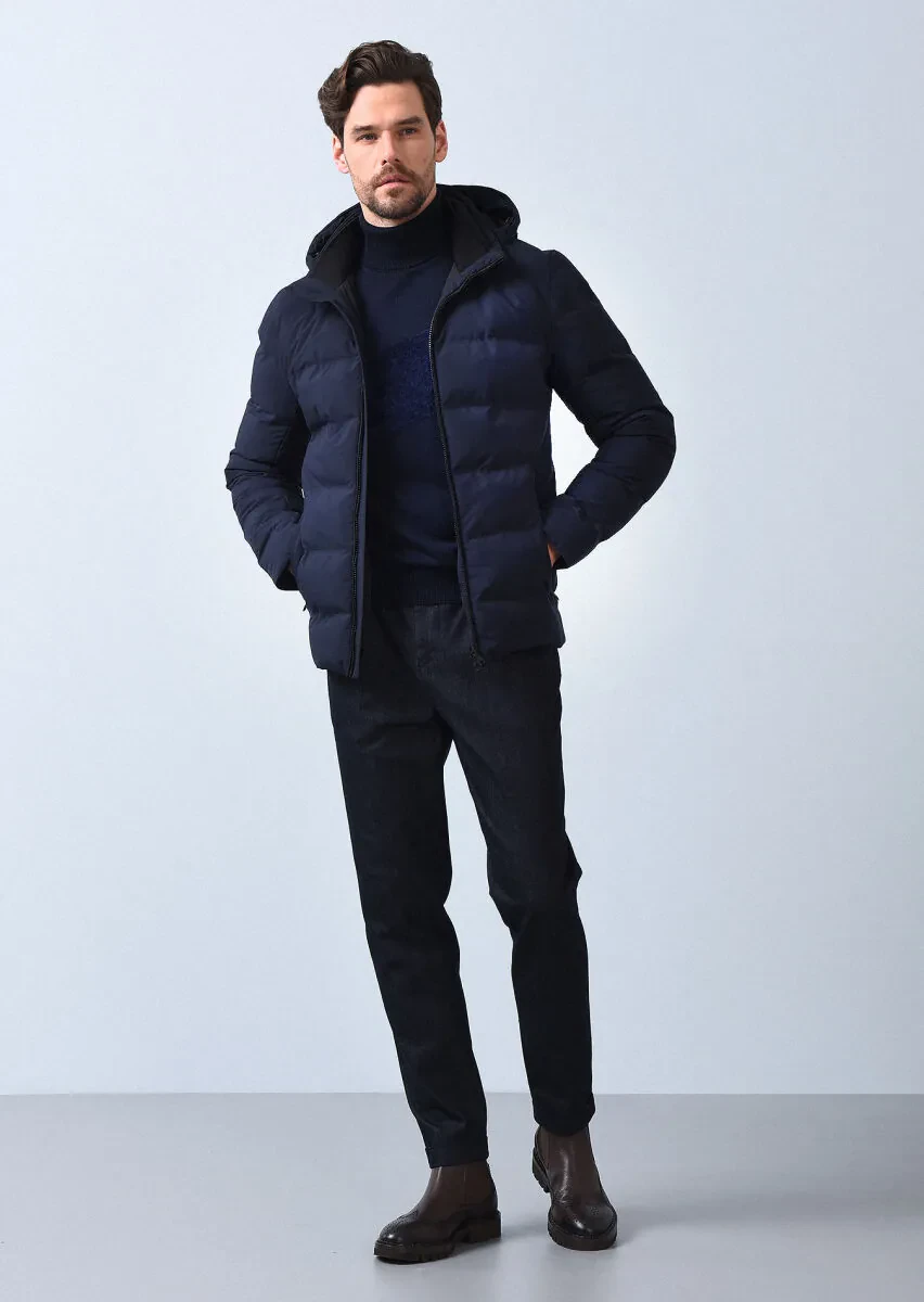 Lacivert Regular Fit Dik Yaka Denim Dokuma Mont - 3