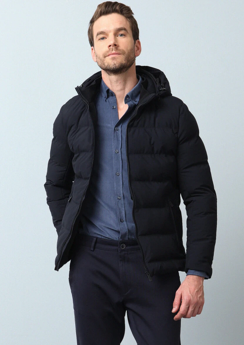 Lacivert Regular Fit Dik Yaka Denim Dokuma Mont - 5