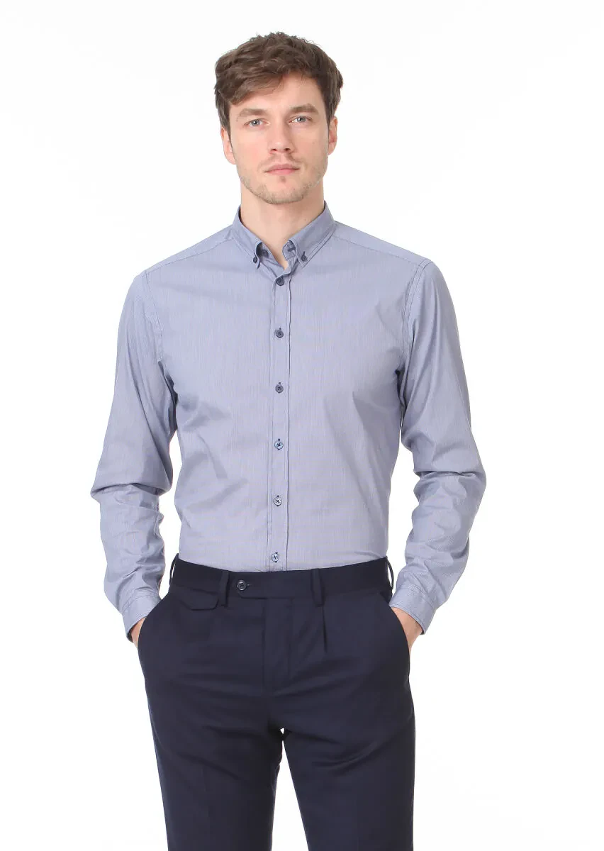 Lacivert Regular Fit Dokuma Casual %100 Pamuk Gömlek - 3