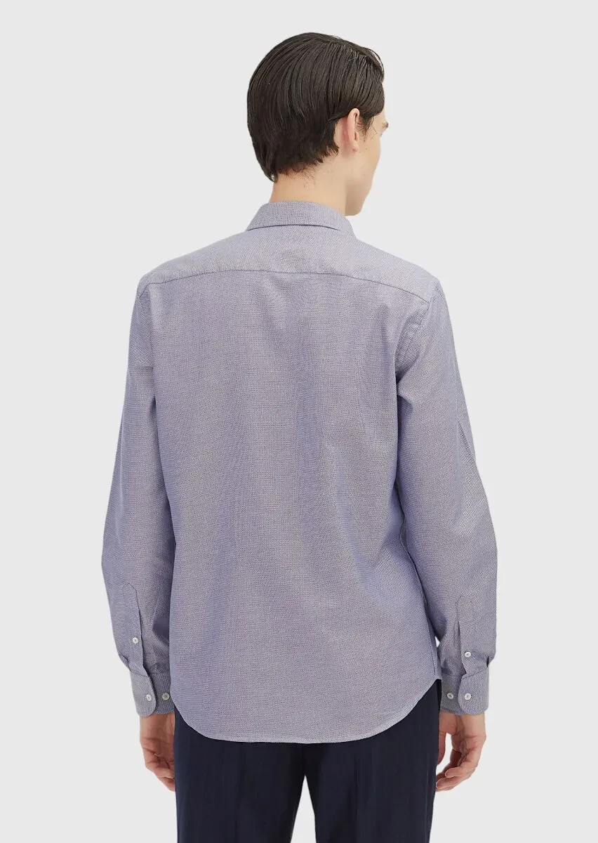 Lacivert Regular Fit Dokuma Klasik %100 Pamuk Gömlek - 5