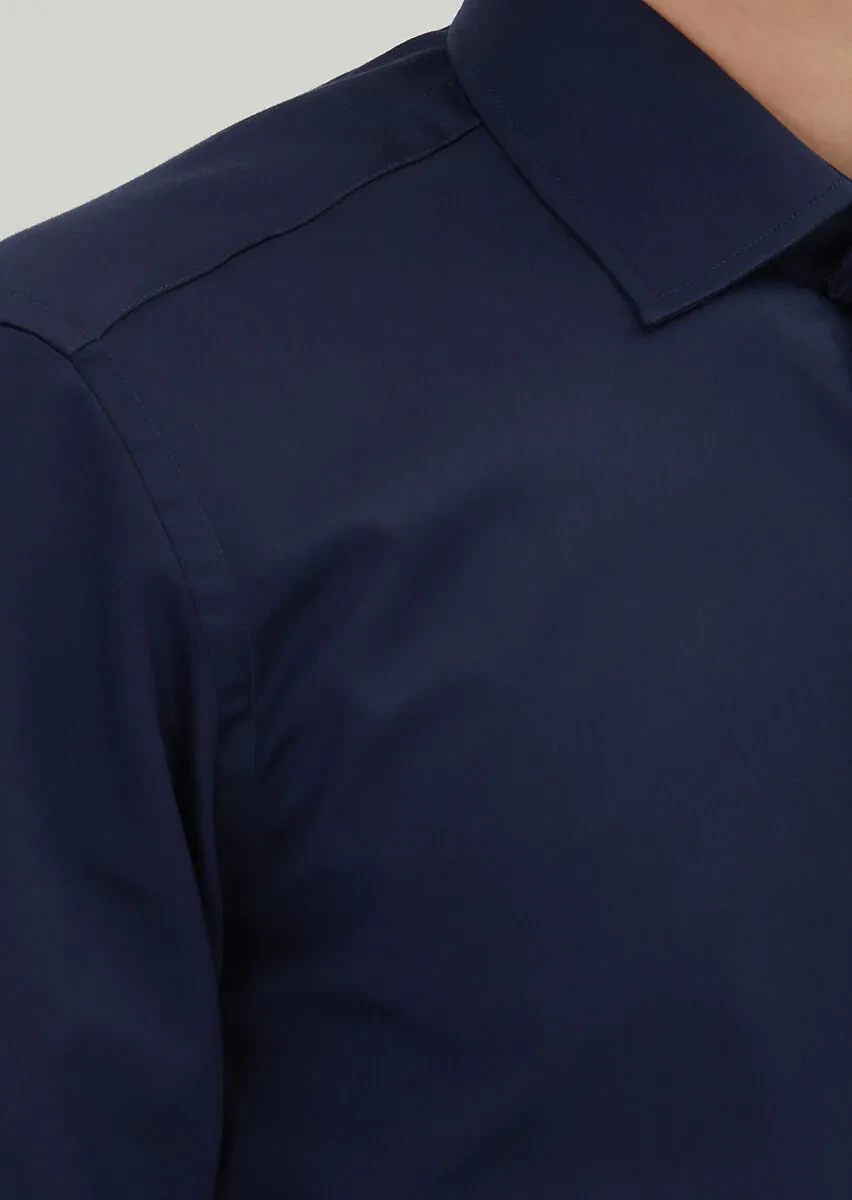 Lacivert Regular Fit Dokuma Klasik %100 Pamuk Gömlek - 4