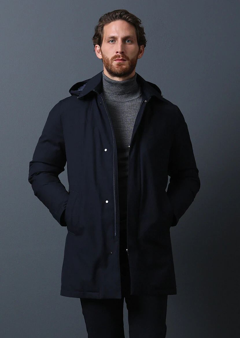 Lacivert Regular Fit Gömlek Yaka Casual Dokuma Pardesü - 1