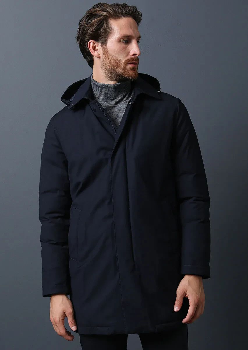 Lacivert Regular Fit Gömlek Yaka Casual Dokuma Pardesü - 2