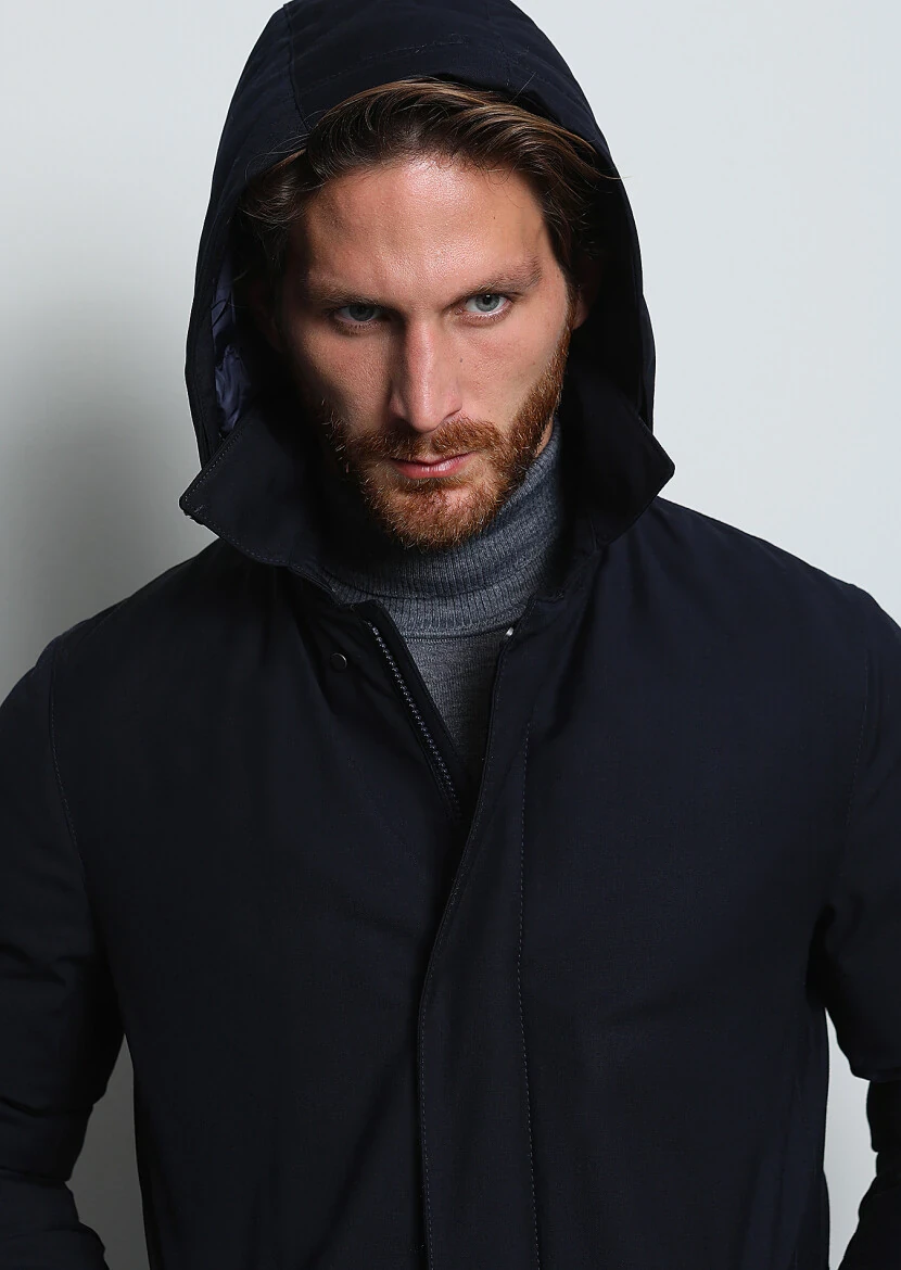 Lacivert Regular Fit Gömlek Yaka Casual Dokuma Pardesü - 3