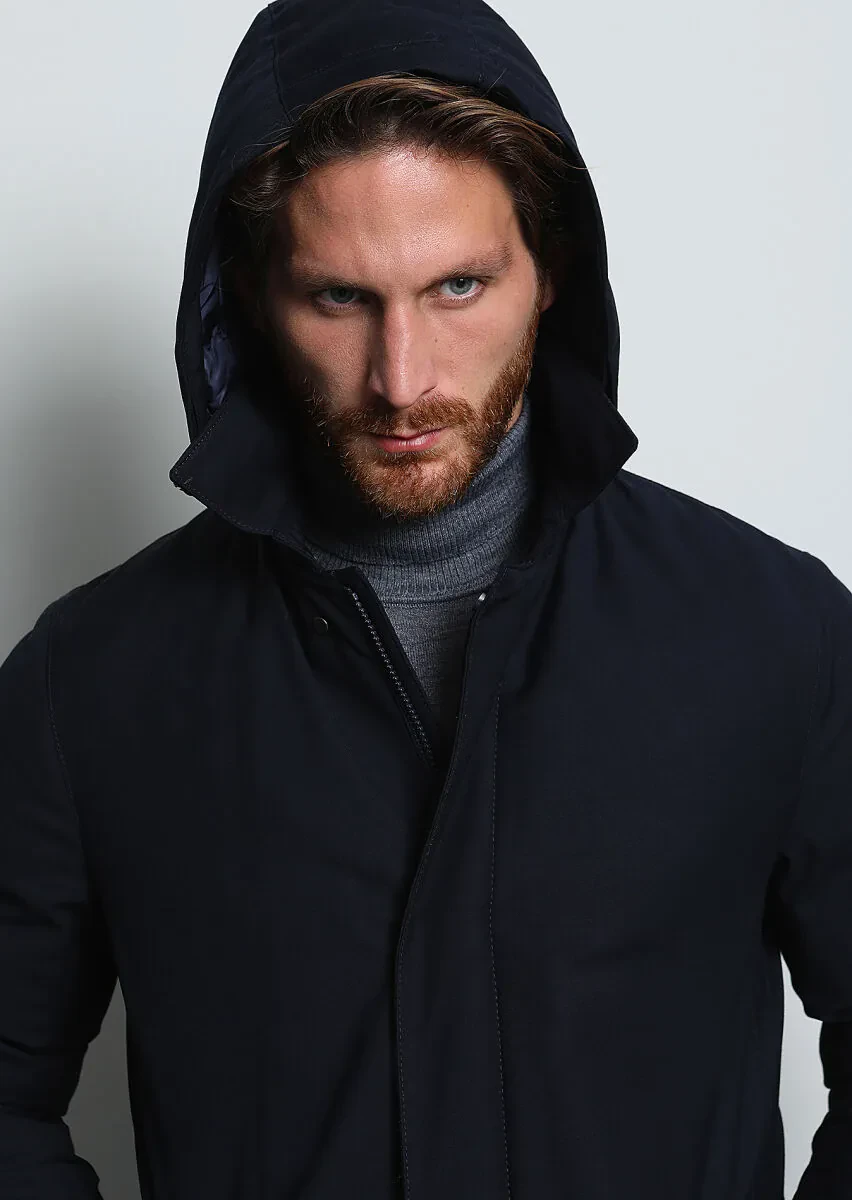 Lacivert Regular Fit Gömlek Yaka Casual Dokuma Pardesü - 3