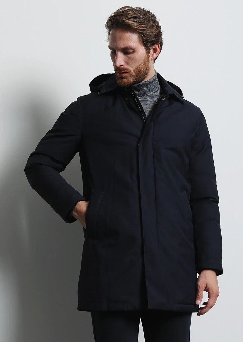 Lacivert Regular Fit Gömlek Yaka Casual Dokuma Pardesü - 4