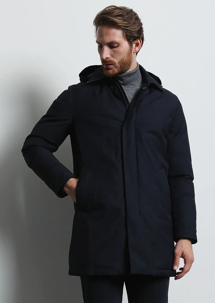 Lacivert Regular Fit Gömlek Yaka Casual Dokuma Pardesü - 4