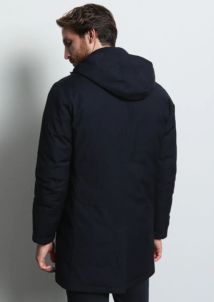 Lacivert Regular Fit Gömlek Yaka Casual Dokuma Pardesü - 5