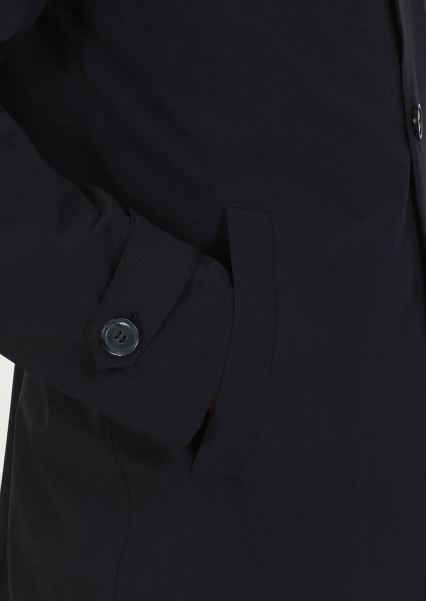 Lacivert Regular Fit Gömlek Yaka Casual Dokuma Pardesü - 4