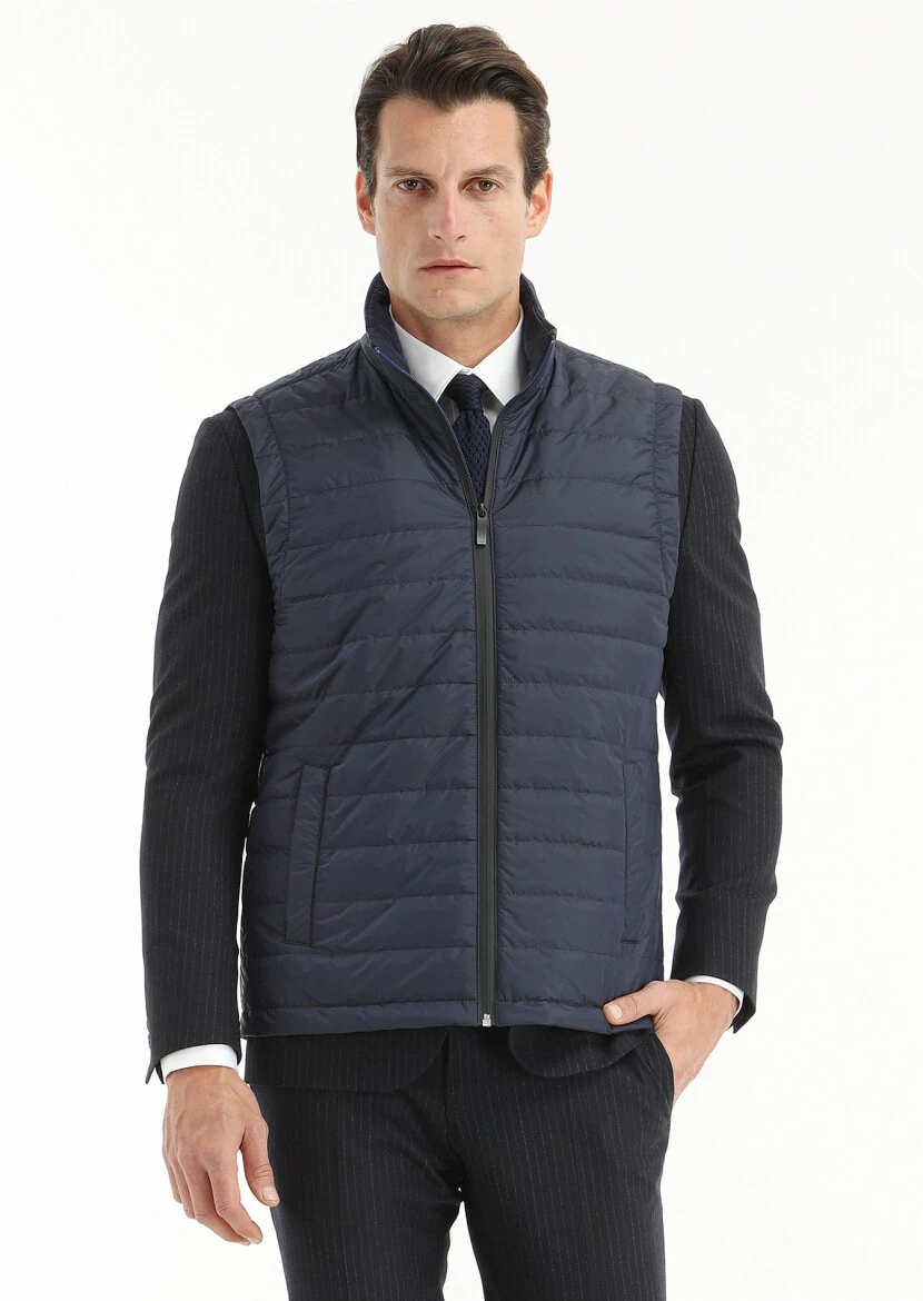 Lacivert Regular Fit Gömlek Yaka Casual Dokuma Pardesü - 3