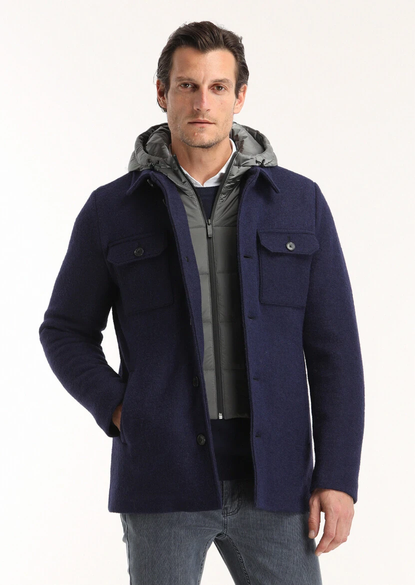 Lacivert Regular Fit Gömlek Yaka Casual Örme Mont 