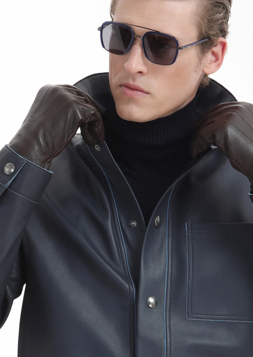 Lacivert Regular Fit Gömlek Yaka Casual Süet Deri Mont - 4