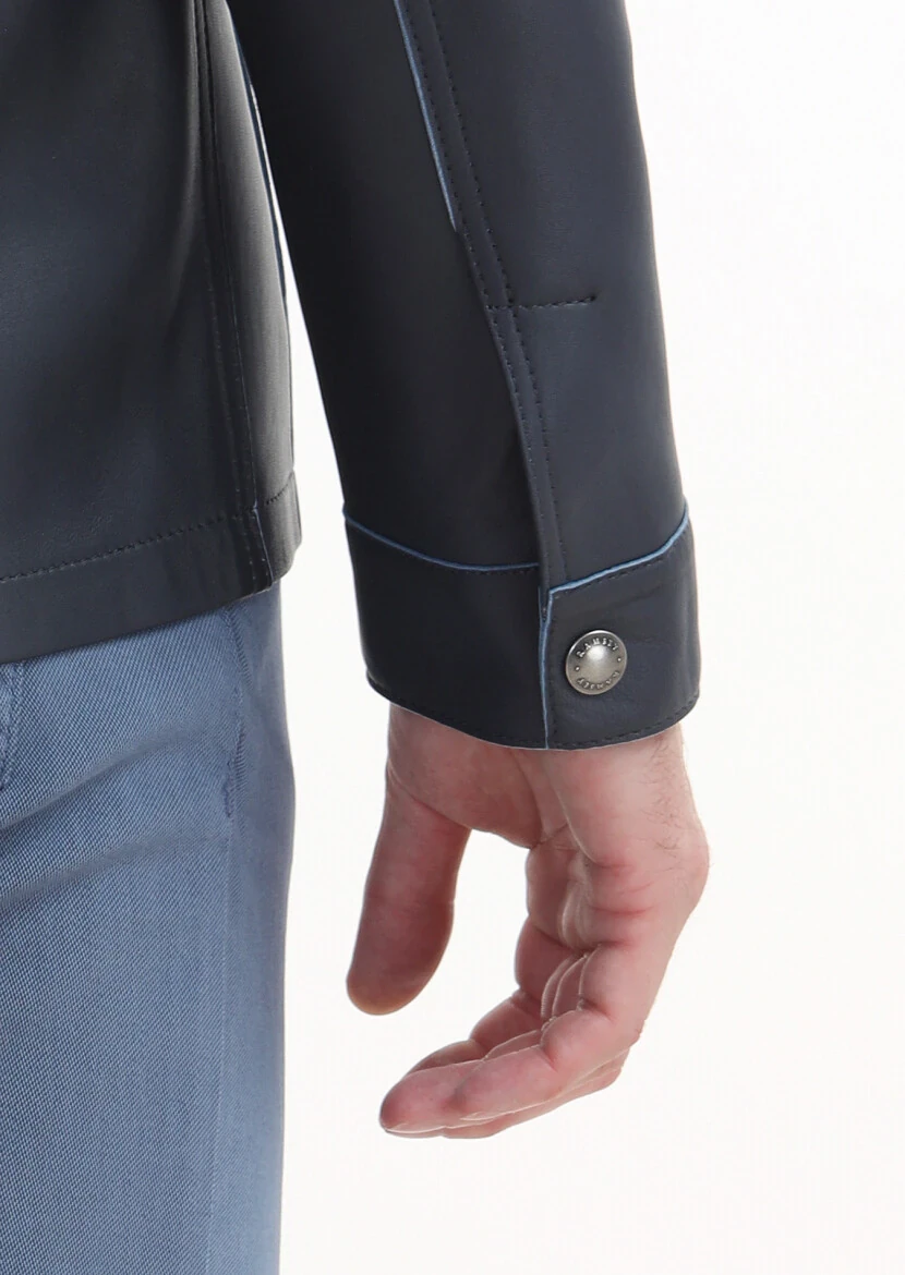 Lacivert Regular Fit Gömlek Yaka Casual Süet Deri Mont - 6