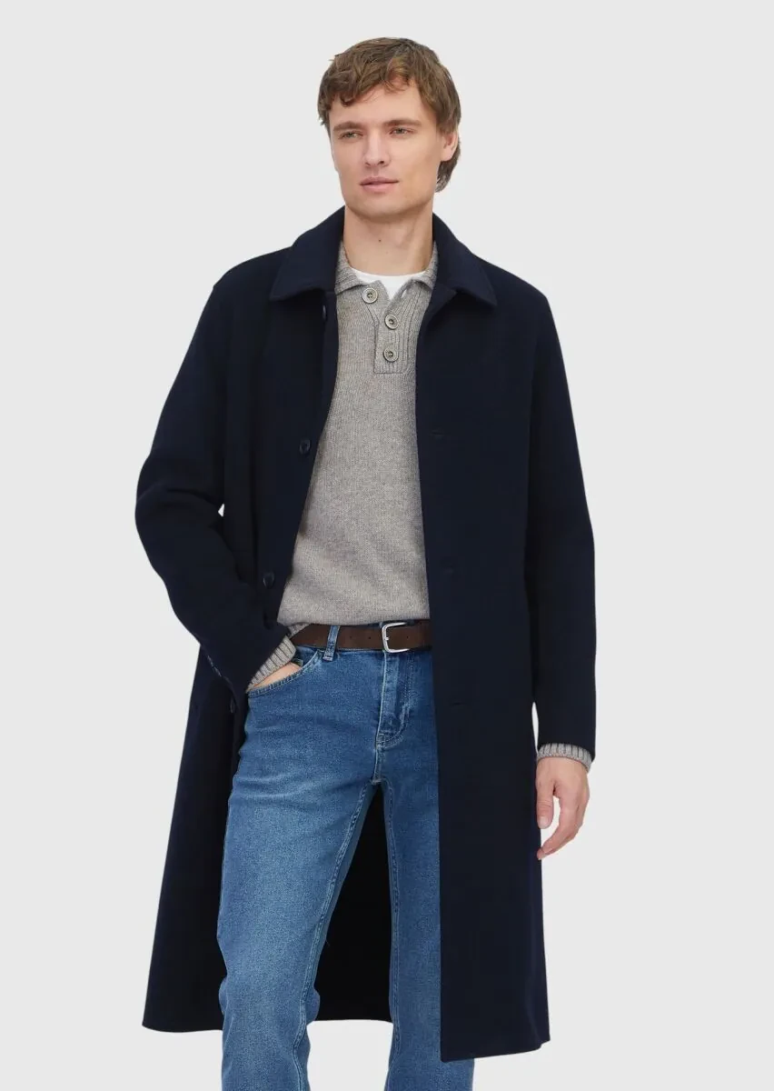 Lacivert Regular Fit Gömlek Yaka Klasik Dokuma Palto - 1
