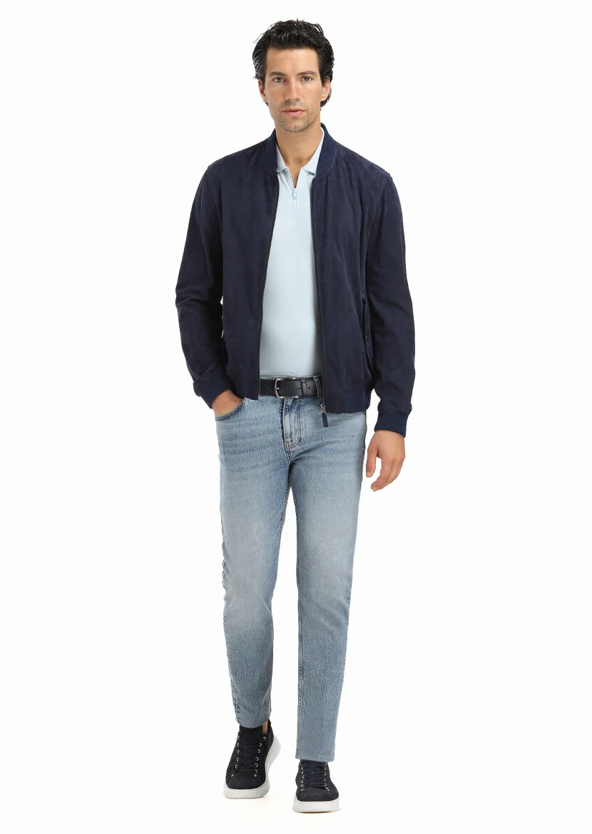 Lacivert Regular Fit Hakim Yaka Casual Süet Deri Mont - 1