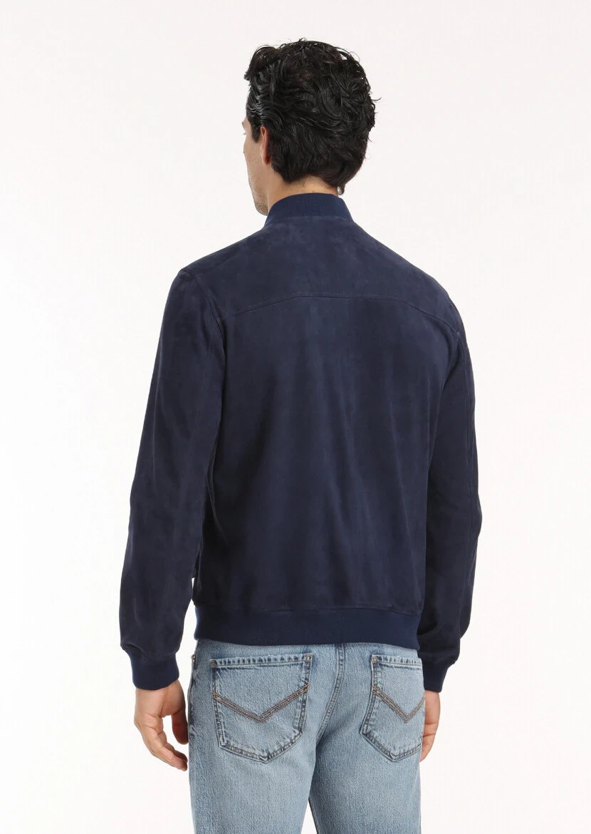 Lacivert Regular Fit Hakim Yaka Casual Süet Deri Mont - 5