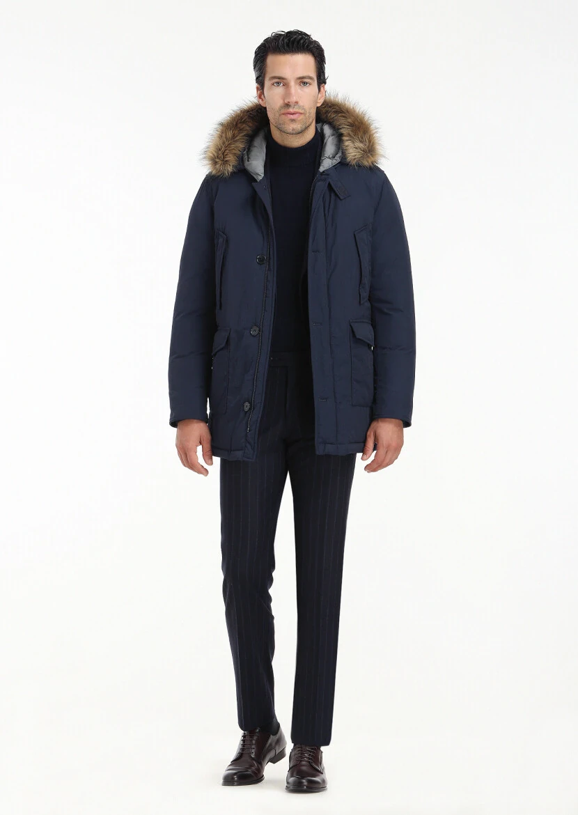 Lacivert Regular Fit Kapüşonlu Casual Dokuma Kaban - 1