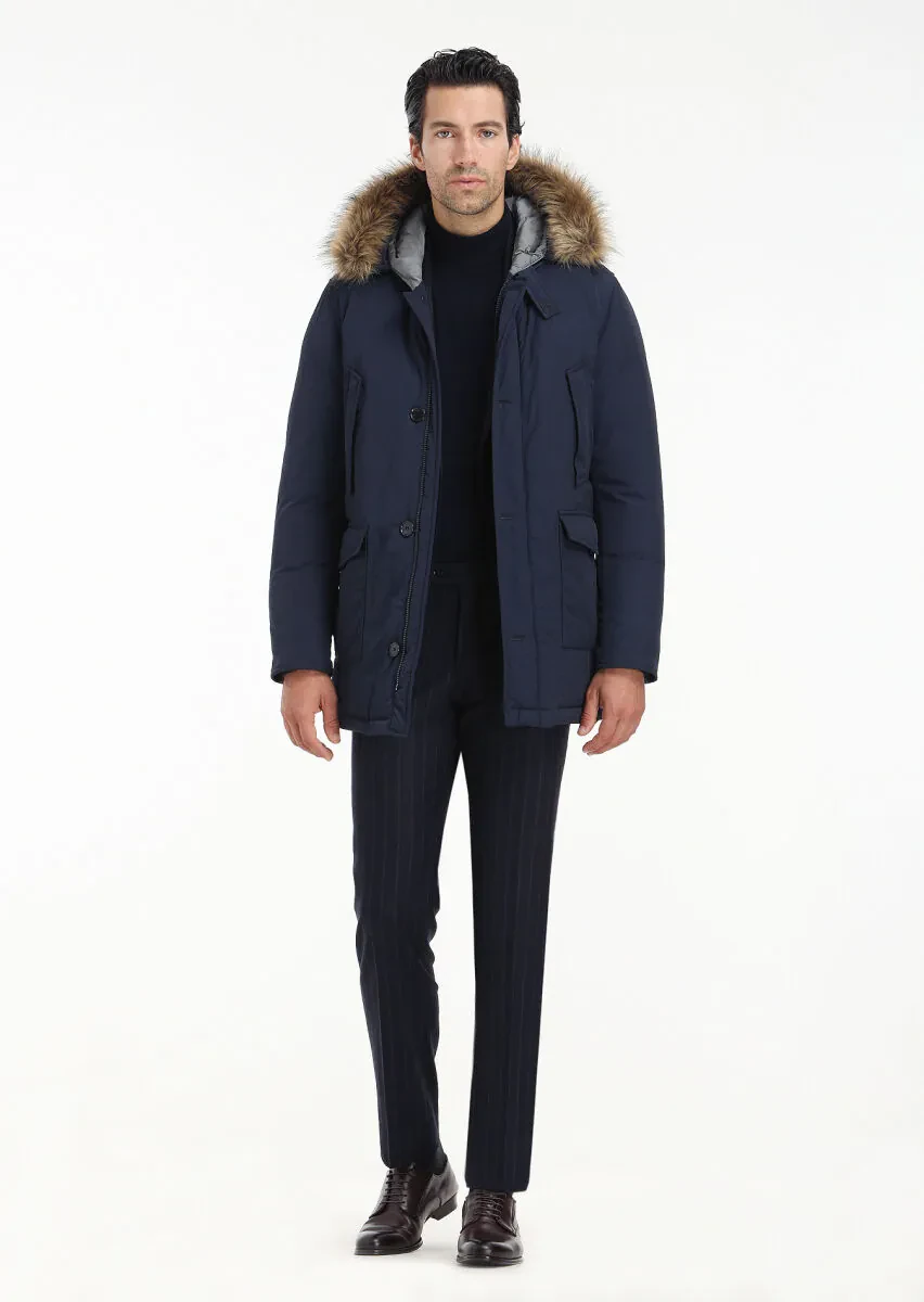 Lacivert Regular Fit Kapüşonlu Casual Dokuma Kaban - 1