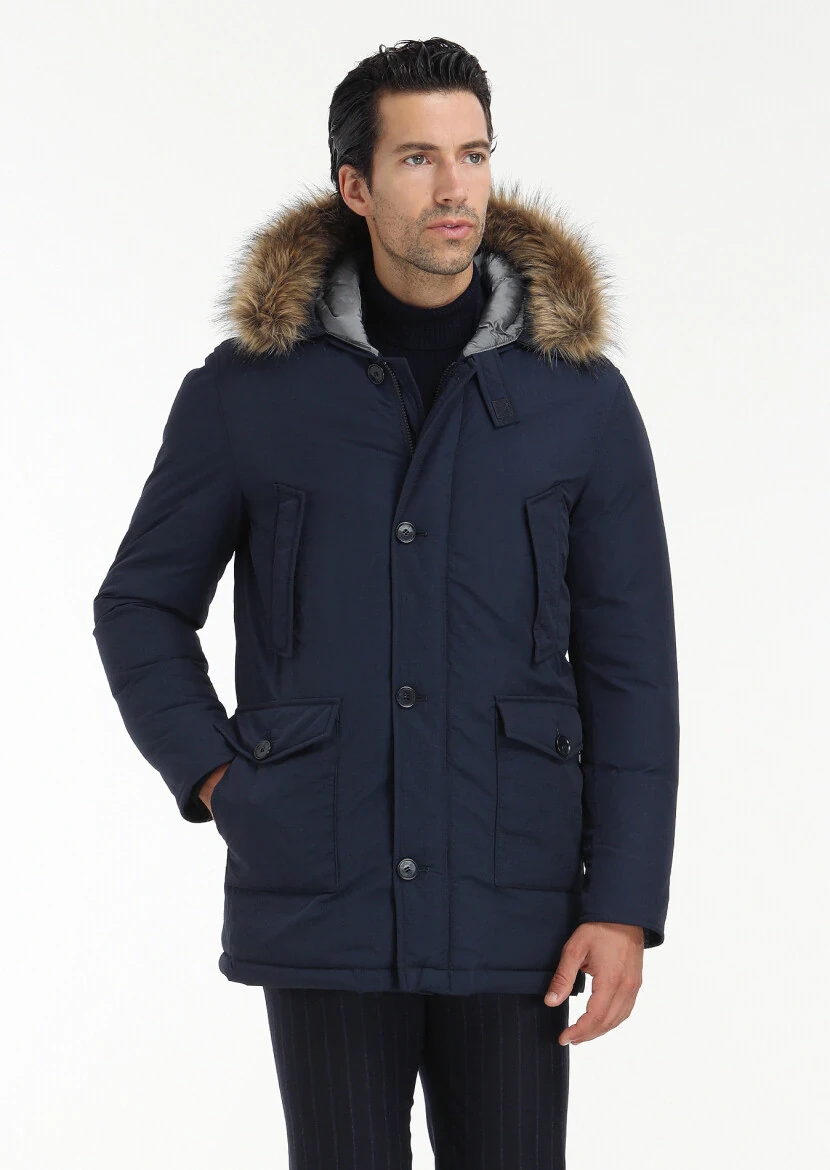 Lacivert Regular Fit Kapüşonlu Casual Dokuma Kaban 