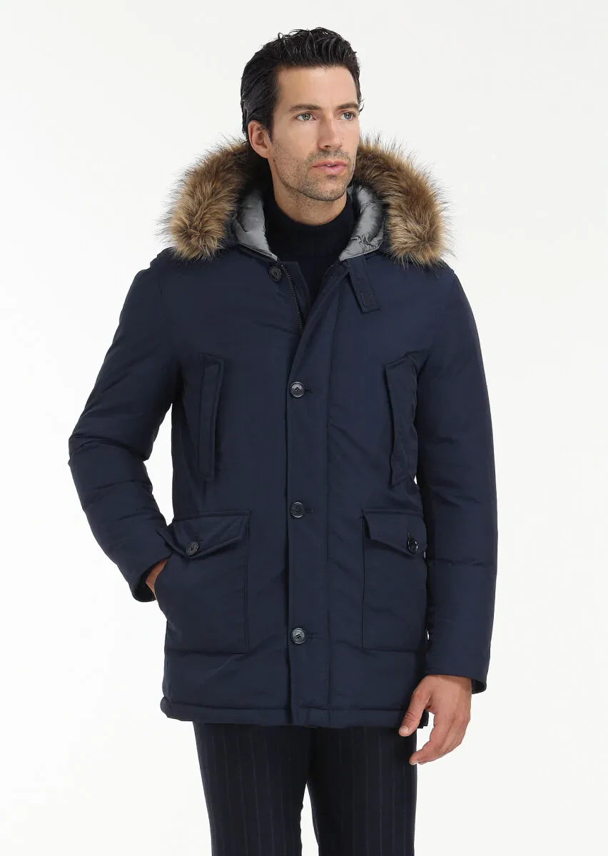 Lacivert Regular Fit Kapüşonlu Casual Dokuma Kaban - 2