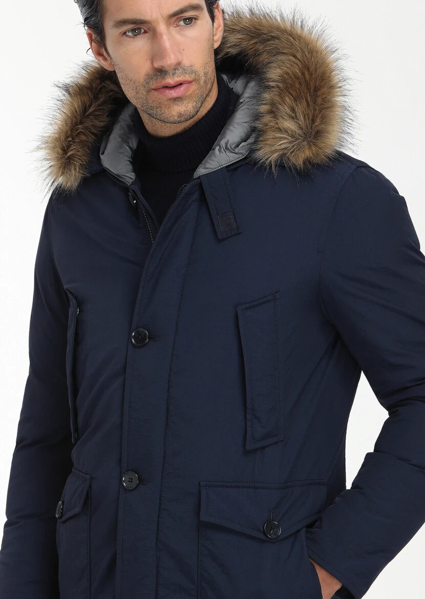 Lacivert Regular Fit Kapüşonlu Casual Dokuma Kaban - 3