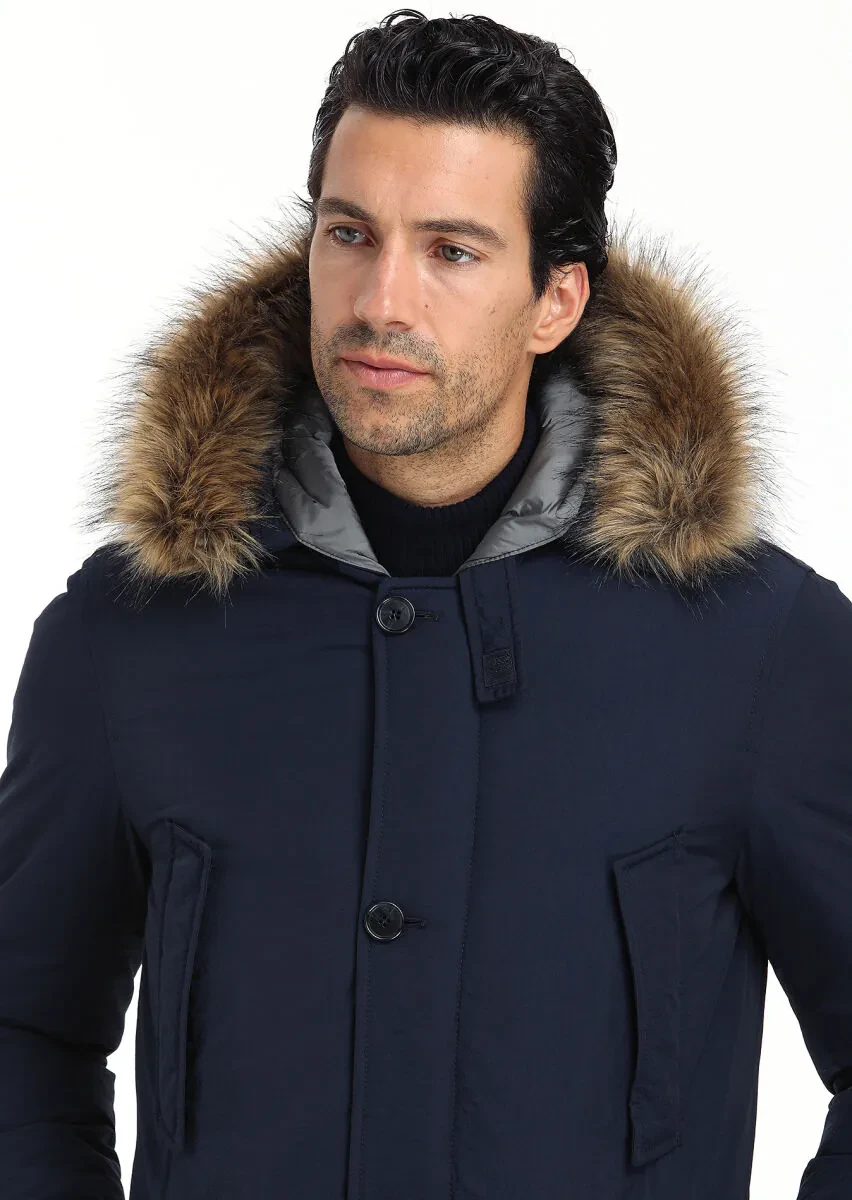 Lacivert Regular Fit Kapüşonlu Casual Dokuma Kaban - 4