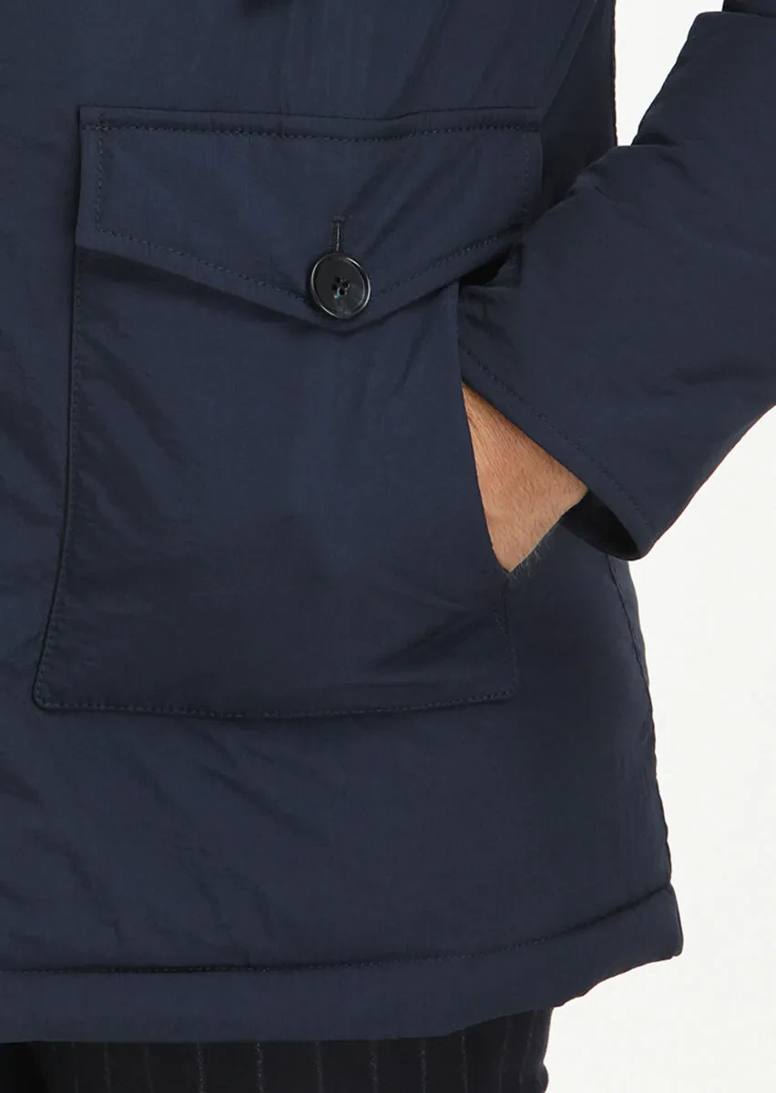 Lacivert Regular Fit Kapüşonlu Casual Dokuma Kaban - 5