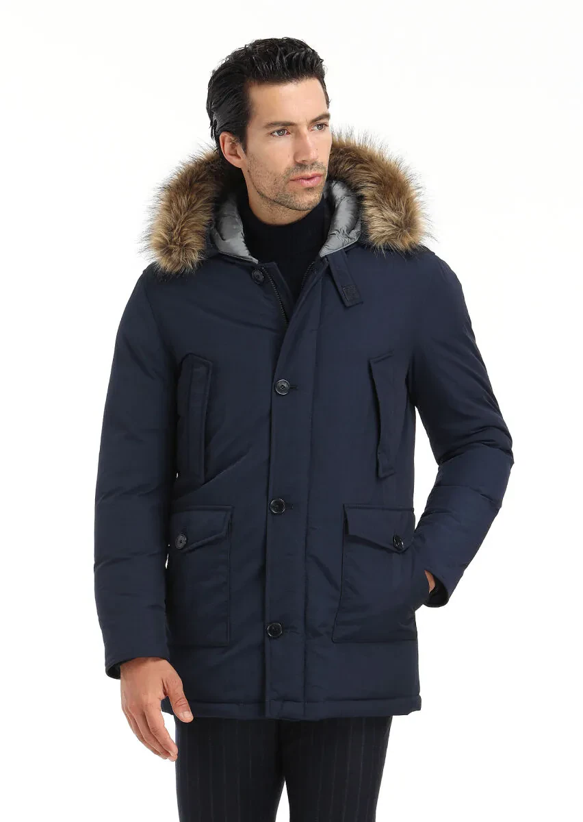 Lacivert Regular Fit Kapüşonlu Casual Dokuma Kaban - 6