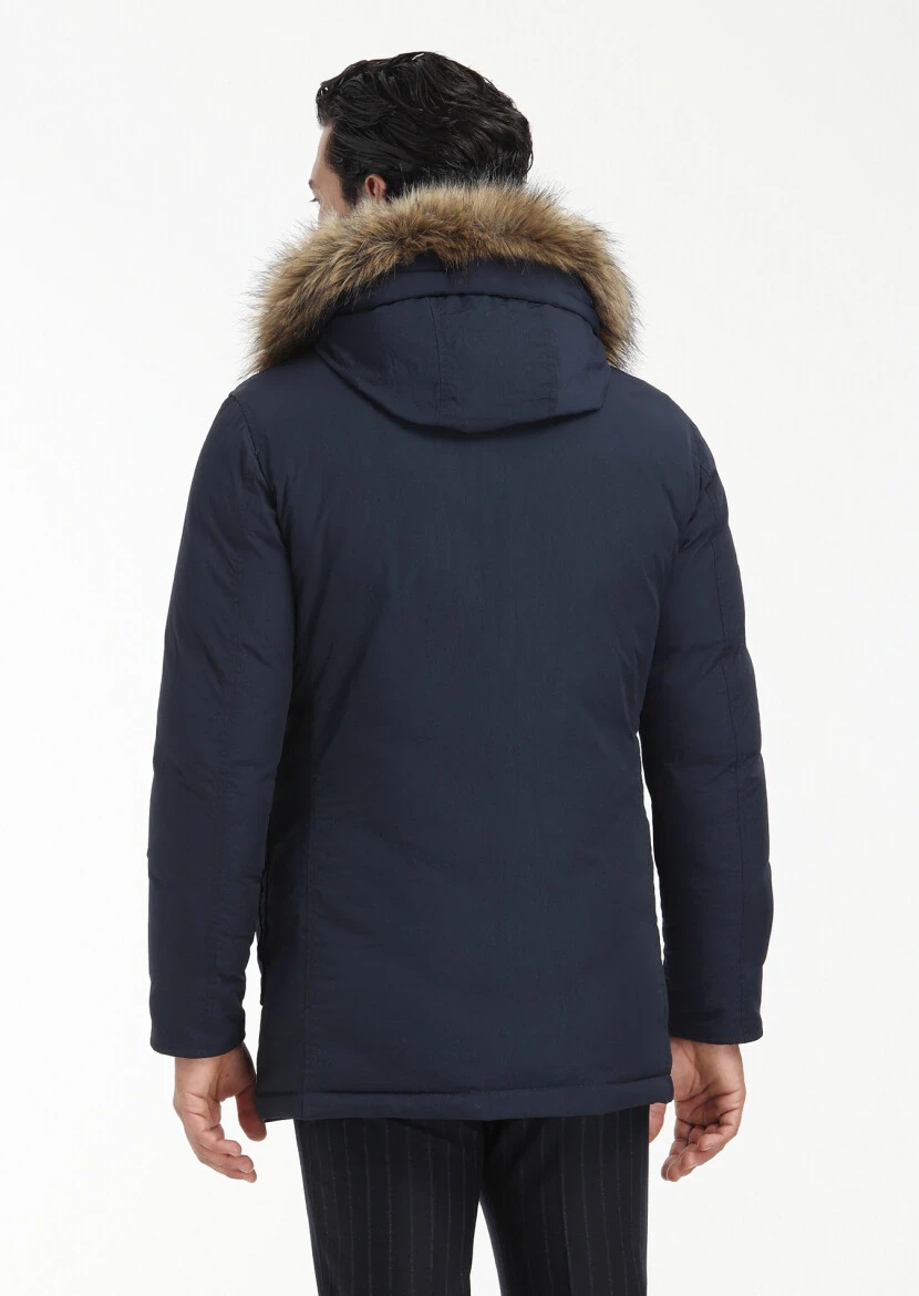 Lacivert Regular Fit Kapüşonlu Casual Dokuma Kaban - 7