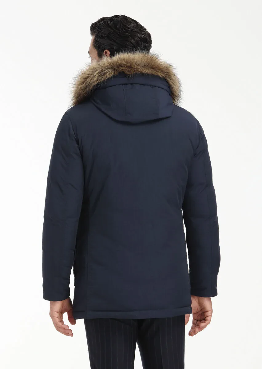 Lacivert Regular Fit Kapüşonlu Casual Dokuma Kaban - 7