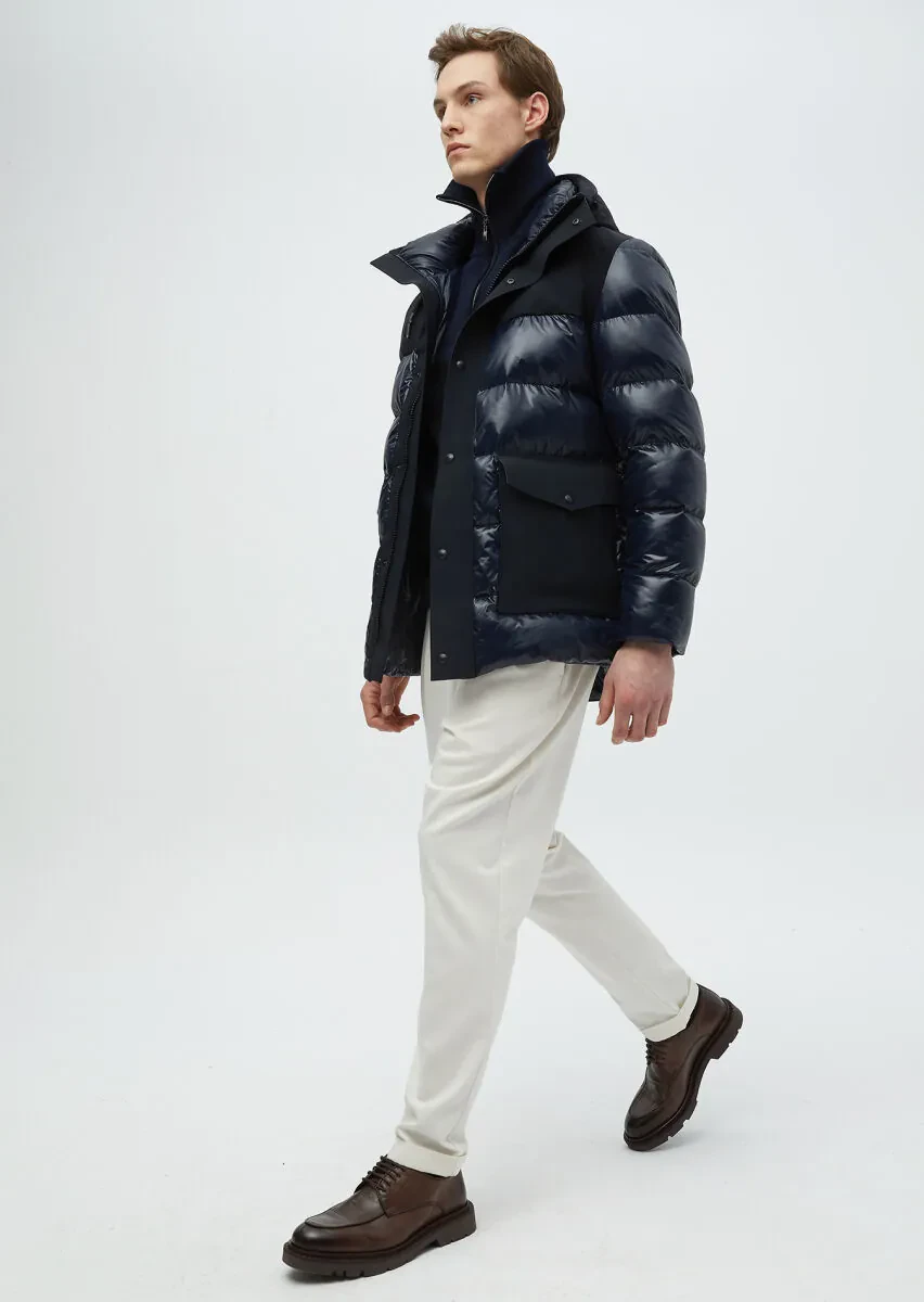 Lacivert Regular Fit Kapüşonlu Casual Dokuma Kaban - 1