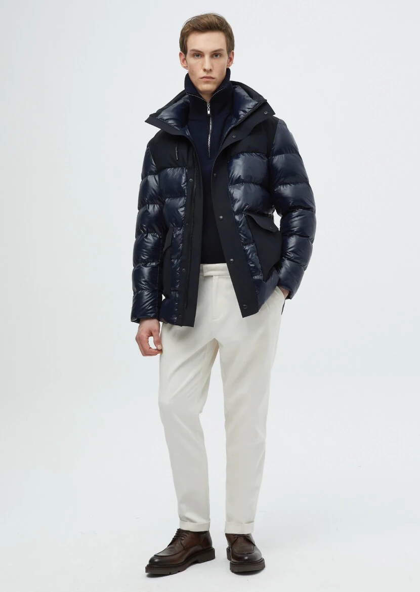 Lacivert Regular Fit Kapüşonlu Casual Dokuma Kaban - 3