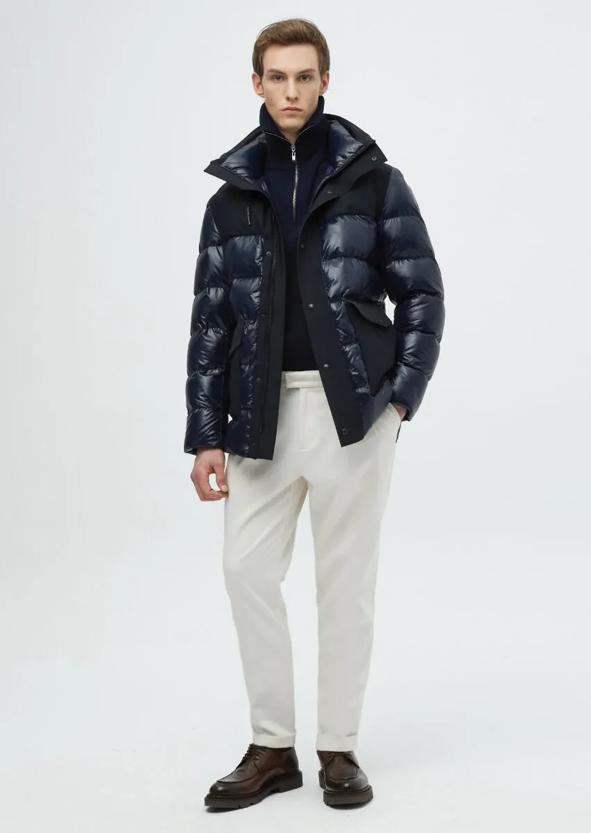 Lacivert Regular Fit Kapüşonlu Casual Dokuma Kaban - 3