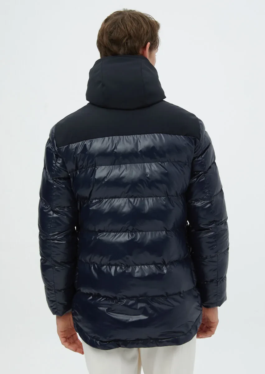 Lacivert Regular Fit Kapüşonlu Casual Dokuma Kaban - 7