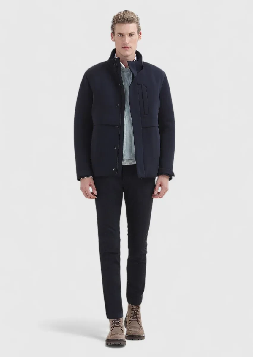 Lacivert Regular Fit Kapüşonlu Casual Dokuma Mont - 1