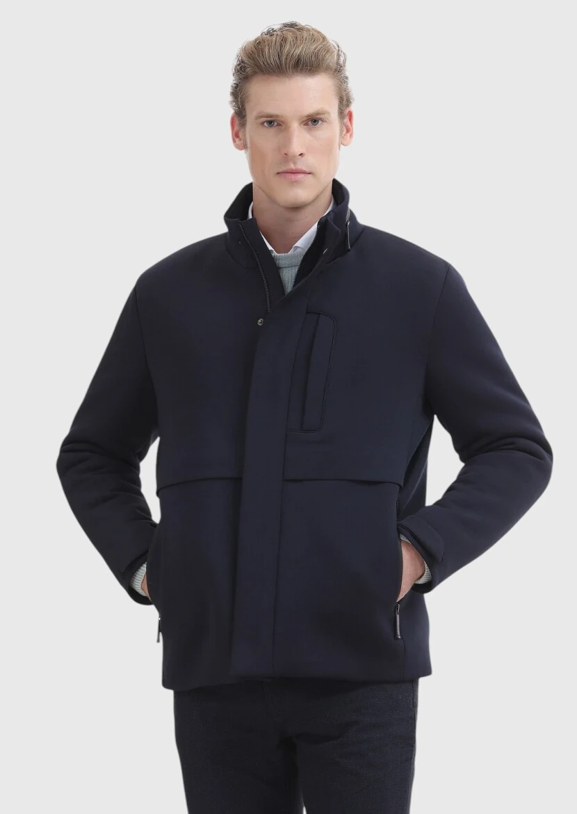 Lacivert Regular Fit Kapüşonlu Casual Dokuma Mont - 2