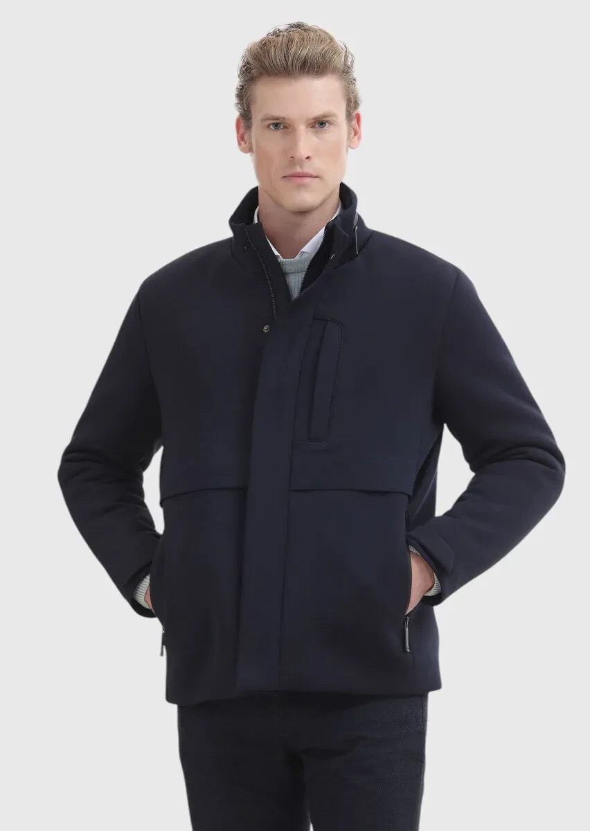 Lacivert Regular Fit Kapüşonlu Casual Dokuma Mont - 2